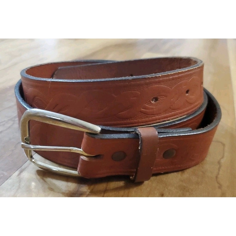 Vintage Genuine Leather Belt USA Made Tooled Celtic Braided Pattern Tan Size L‎
